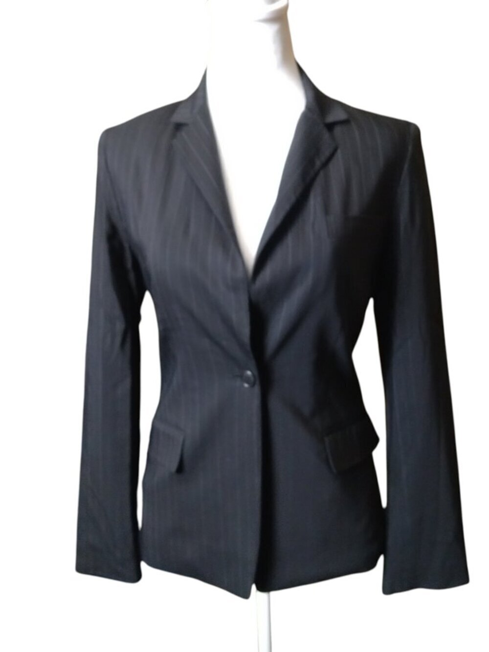 Elie Tahari Black Pinstriped Structured Blazer Size 4 One Button Office Career